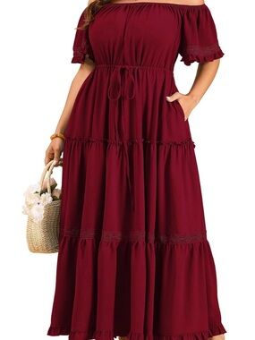 Women’s One-Shoulder Burgundy Tiered Maxi Dress with Drawstring Waist